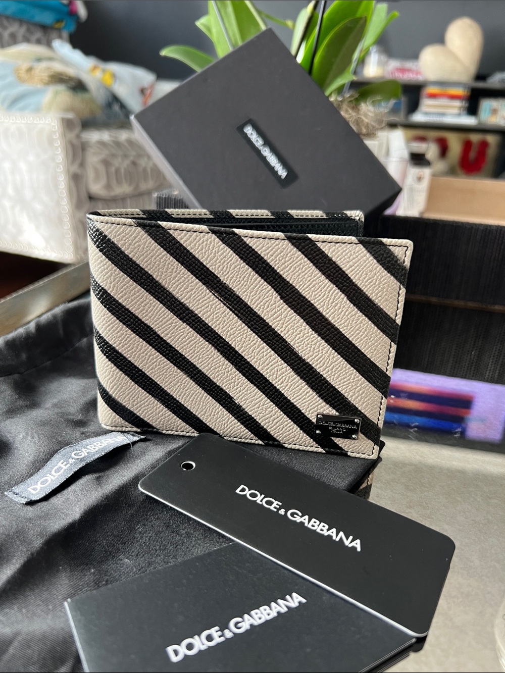 Dolce & Gabbana Black and Cream Diagonal Stripe Card Holder